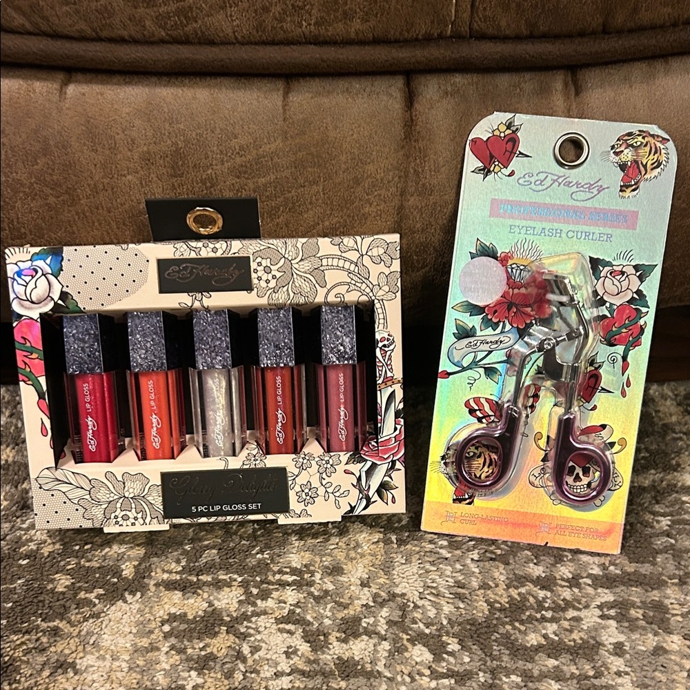 Ed Hardy Lip Gloss Collection with Eyelash Curler - Red, Silver, Black